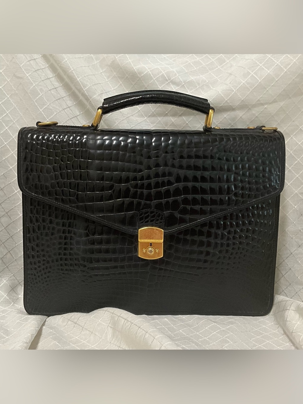 Retta Wolff Black Croc-Embossed Leather Briefcase with Gold Hardware
